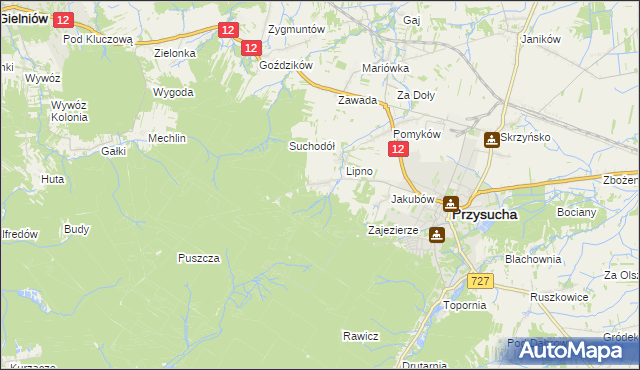 mapa Kozłowiec gmina Przysucha, Kozłowiec gmina Przysucha na mapie Targeo