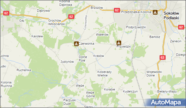 mapa Krasów gmina Sokołów Podlaski, Krasów gmina Sokołów Podlaski na mapie Targeo