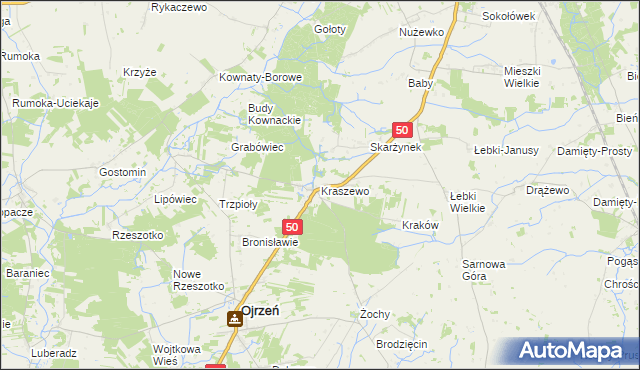 mapa Kraszewo gmina Ojrzeń, Kraszewo gmina Ojrzeń na mapie Targeo