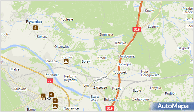 mapa Krzaki gmina Pysznica, Krzaki gmina Pysznica na mapie Targeo