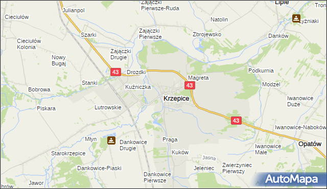 mapa Krzepice powiat kłobucki, Krzepice powiat kłobucki na mapie Targeo