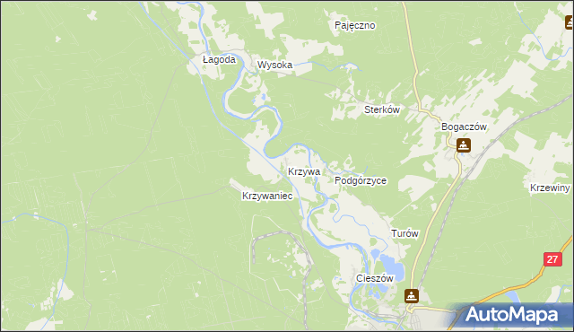 mapa Krzywa gmina Nowogród Bobrzański, Krzywa gmina Nowogród Bobrzański na mapie Targeo