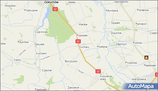 mapa Kuchary gmina Gołuchów, Kuchary gmina Gołuchów na mapie Targeo