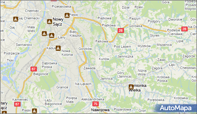 mapa Kunów gmina Chełmiec, Kunów gmina Chełmiec na mapie Targeo