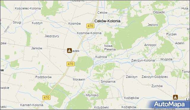 mapa Kuźnica gmina Ceków-Kolonia, Kuźnica gmina Ceków-Kolonia na mapie Targeo