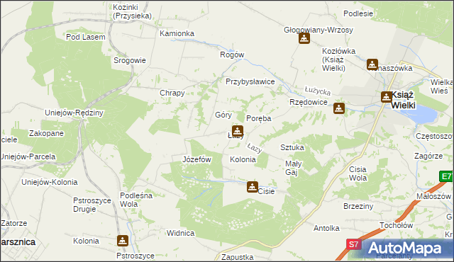 mapa Łazy gmina Książ Wielki, Łazy gmina Książ Wielki na mapie Targeo