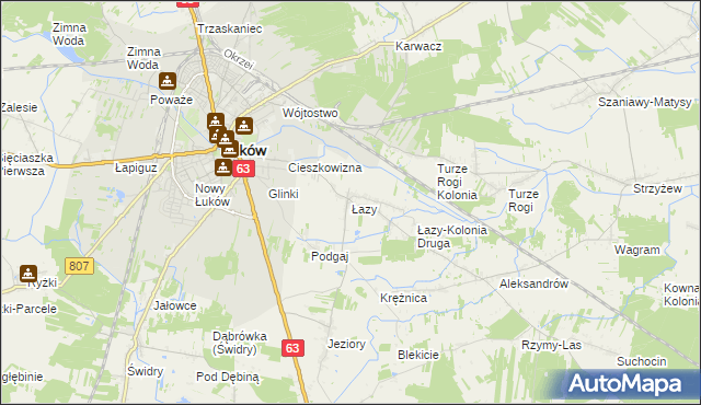 mapa Łazy gmina Łuków, Łazy gmina Łuków na mapie Targeo