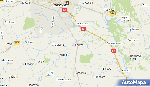 mapa Leszno gmina Przasnysz, Leszno gmina Przasnysz na mapie Targeo