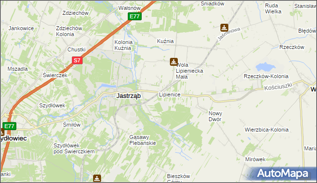 mapa Lipienice gmina Jastrząb, Lipienice gmina Jastrząb na mapie Targeo