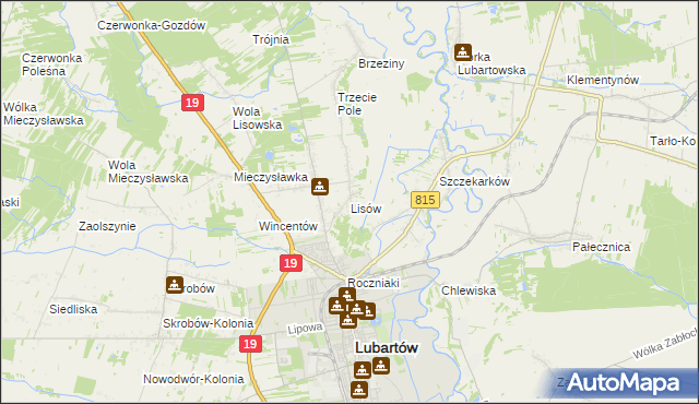 mapa Lisów gmina Lubartów, Lisów gmina Lubartów na mapie Targeo