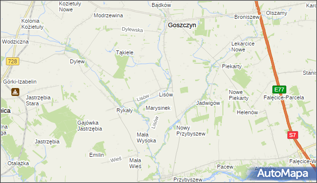 mapa Lisów gmina Promna, Lisów gmina Promna na mapie Targeo