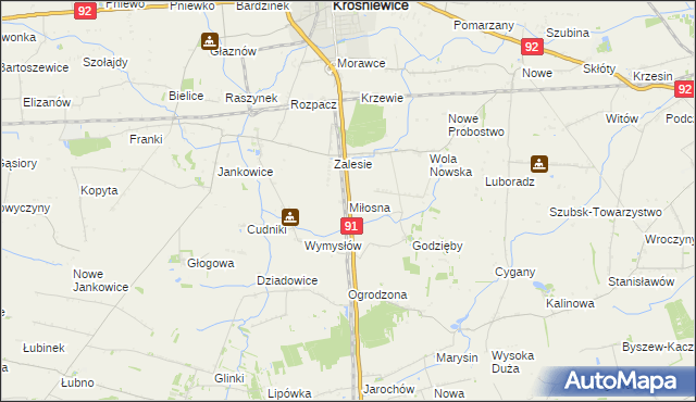 mapa Miłosna gmina Krośniewice, Miłosna gmina Krośniewice na mapie Targeo