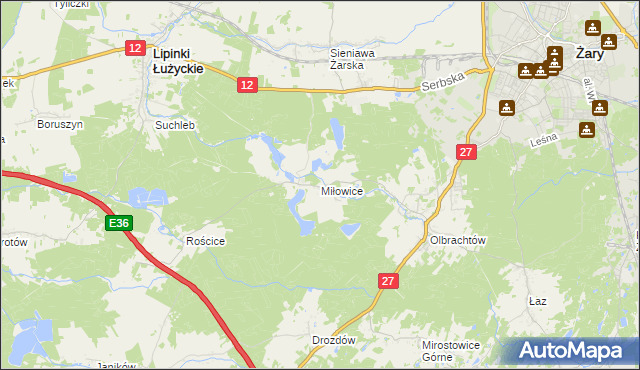 mapa Miłowice gmina Żary, Miłowice gmina Żary na mapie Targeo