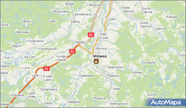 mapa Milówka powiat żywiecki, Milówka powiat żywiecki na mapie Targeo