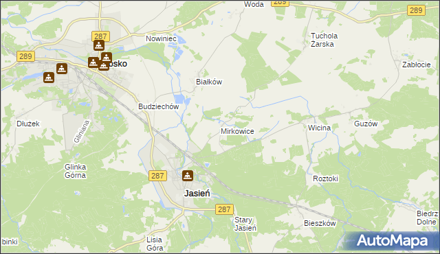 mapa Mirkowice gmina Jasień, Mirkowice gmina Jasień na mapie Targeo