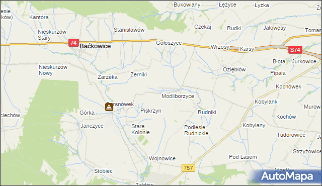 mapa Modliborzyce gmina Baćkowice, Modliborzyce gmina Baćkowice na mapie Targeo