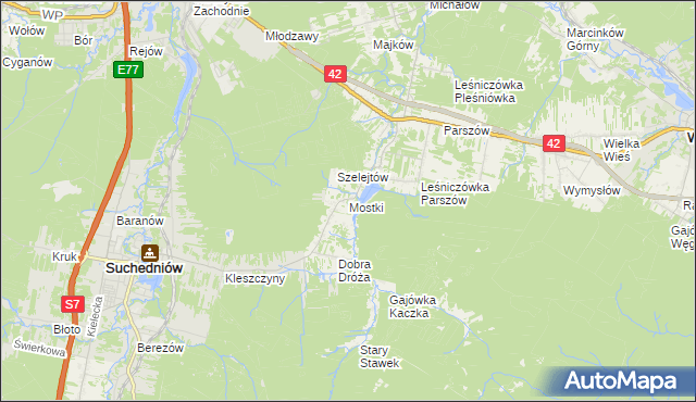 mapa Mostki gmina Suchedniów, Mostki gmina Suchedniów na mapie Targeo