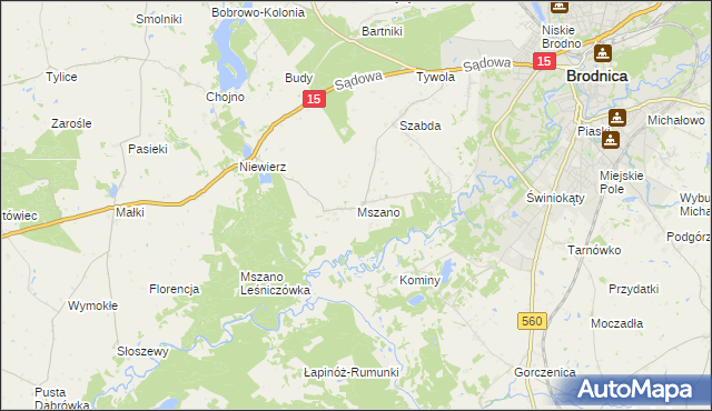 mapa Mszano gmina Brodnica, Mszano gmina Brodnica na mapie Targeo