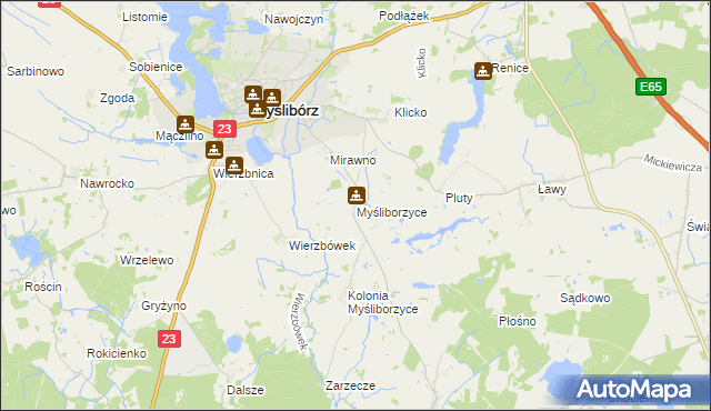 mapa Myśliborzyce gmina Myślibórz, Myśliborzyce gmina Myślibórz na mapie Targeo