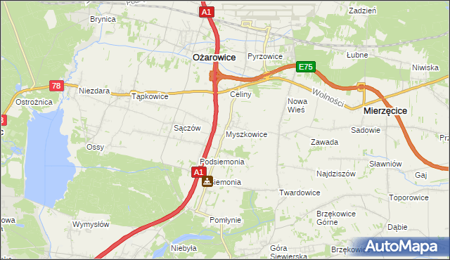 mapa Myszkowice gmina Bobrowniki, Myszkowice gmina Bobrowniki na mapie Targeo