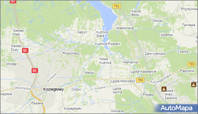 mapa Nowa Kuźnica gmina Koziegłowy, Nowa Kuźnica gmina Koziegłowy na mapie Targeo