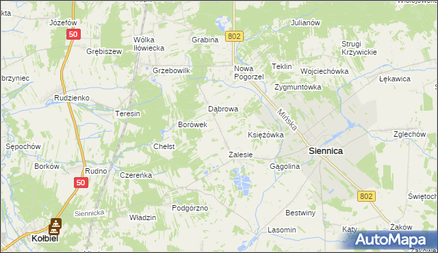 mapa Nowe Zalesie gmina Siennica, Nowe Zalesie gmina Siennica na mapie Targeo