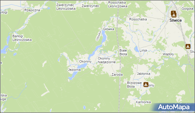 mapa Okoniny Nadjeziorne, Okoniny Nadjeziorne na mapie Targeo