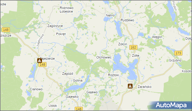 mapa Olchowiec gmina Drawsko Pomorskie, Olchowiec gmina Drawsko Pomorskie na mapie Targeo