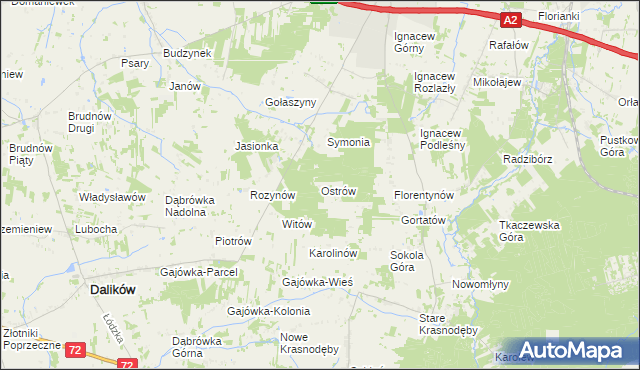 mapa Ostrów gmina Dalików, Ostrów gmina Dalików na mapie Targeo