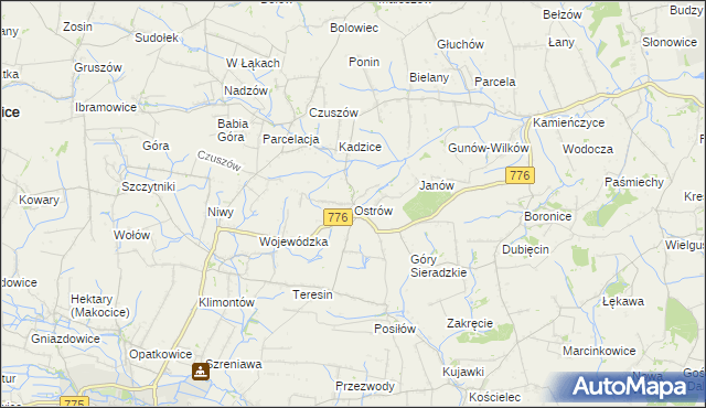 mapa Ostrów gmina Proszowice, Ostrów gmina Proszowice na mapie Targeo