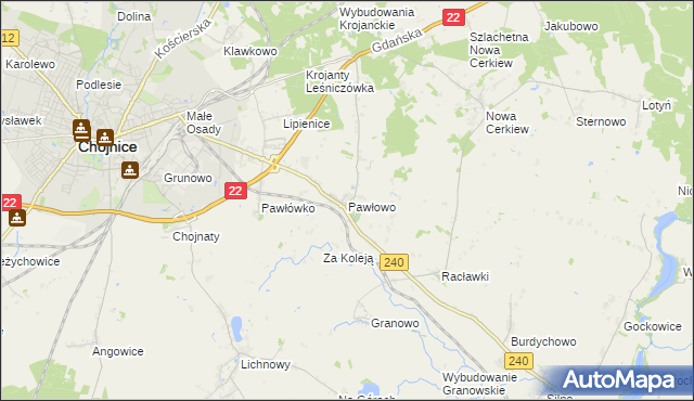 mapa Pawłowo gmina Chojnice, Pawłowo gmina Chojnice na mapie Targeo