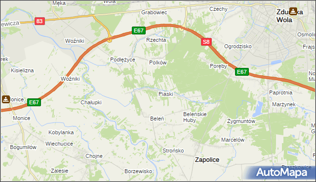 mapa Piaski gmina Zduńska Wola, Piaski gmina Zduńska Wola na mapie Targeo