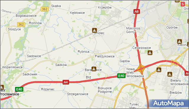 mapa Pietrzykowice gmina Kąty Wrocławskie, Pietrzykowice gmina Kąty Wrocławskie na mapie Targeo