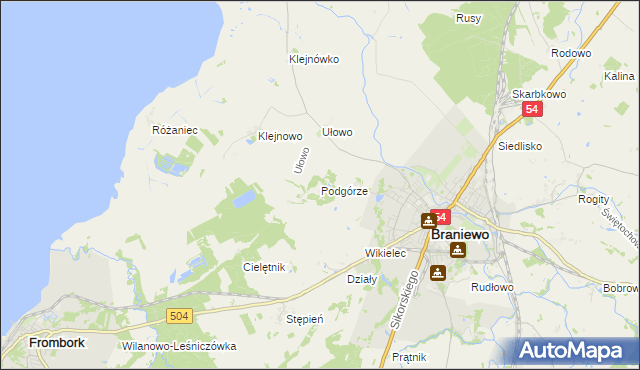 mapa Podgórze gmina Braniewo, Podgórze gmina Braniewo na mapie Targeo