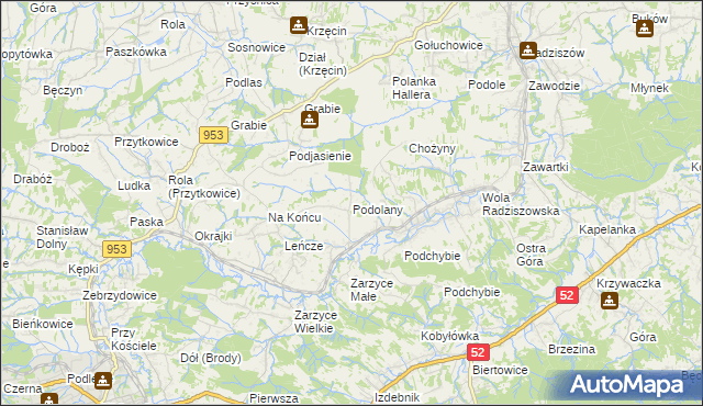 mapa Podolany gmina Kalwaria Zebrzydowska, Podolany gmina Kalwaria Zebrzydowska na mapie Targeo