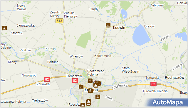 mapa Podzamcze gmina Łęczna, Podzamcze gmina Łęczna na mapie Targeo