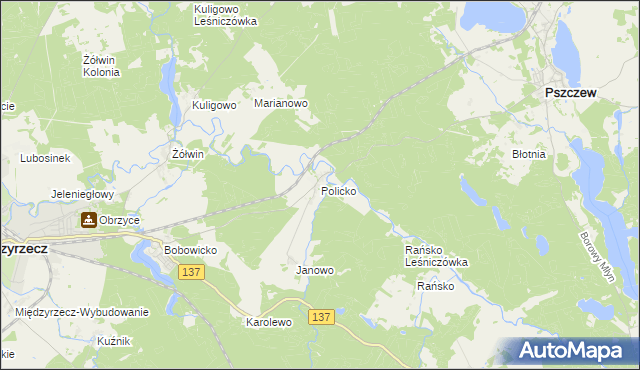 mapa Policko gmina Pszczew, Policko gmina Pszczew na mapie Targeo