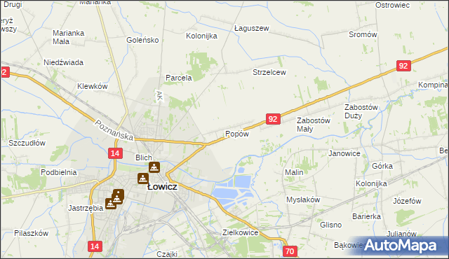 mapa Popów gmina Łowicz, Popów gmina Łowicz na mapie Targeo