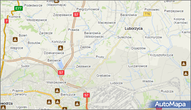 mapa Prusy gmina Kocmyrzów-Luborzyca, Prusy gmina Kocmyrzów-Luborzyca na mapie Targeo