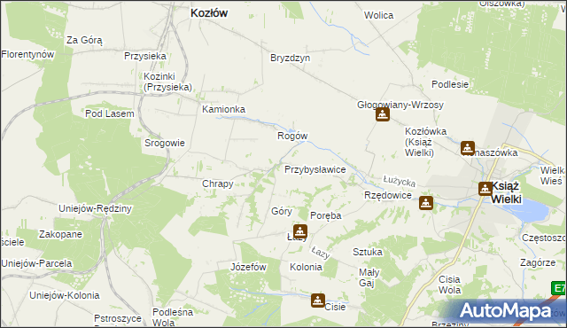 mapa Przybysławice gmina Kozłów, Przybysławice gmina Kozłów na mapie Targeo