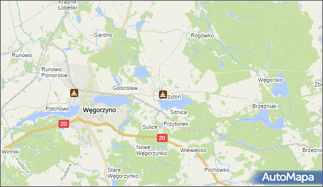 mapa Przytoń gmina Węgorzyno, Przytoń gmina Węgorzyno na mapie Targeo