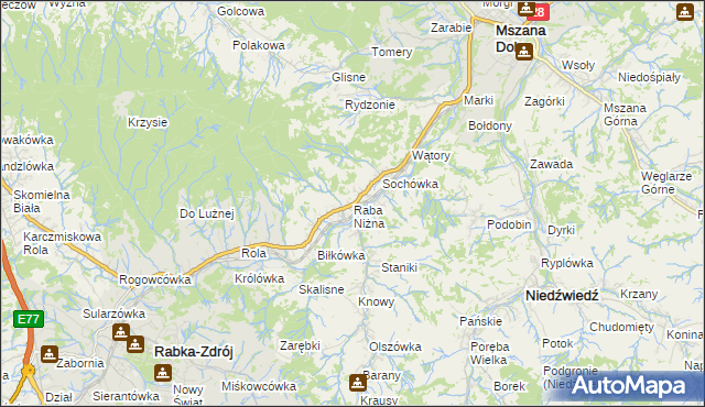 mapa Raba Niżna, Raba Niżna na mapie Targeo