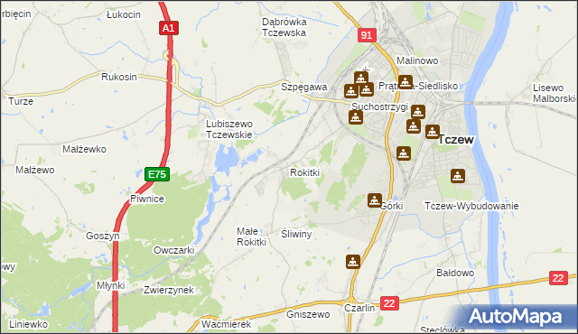 mapa Rokitki gmina Tczew, Rokitki gmina Tczew na mapie Targeo