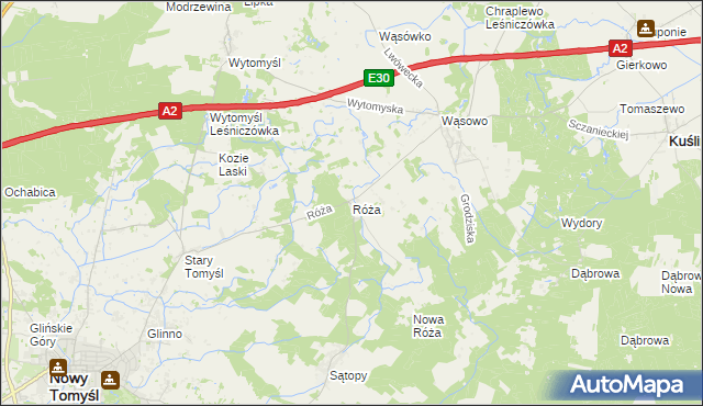 mapa Róża gmina Nowy Tomyśl, Róża gmina Nowy Tomyśl na mapie Targeo