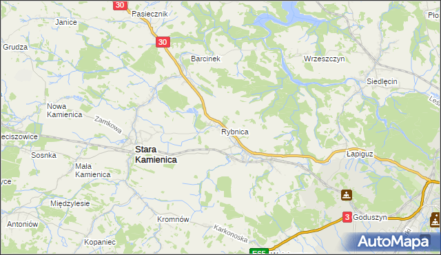 mapa Rybnica gmina Stara Kamienica, Rybnica gmina Stara Kamienica na mapie Targeo