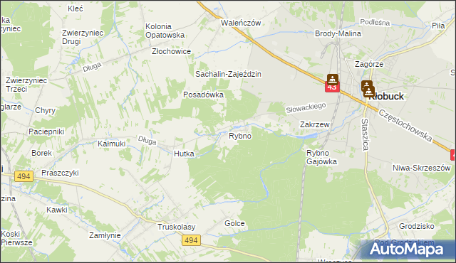 mapa Rybno gmina Kłobuck, Rybno gmina Kłobuck na mapie Targeo