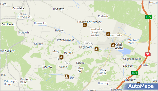 mapa Rzędowice gmina Książ Wielki, Rzędowice gmina Książ Wielki na mapie Targeo