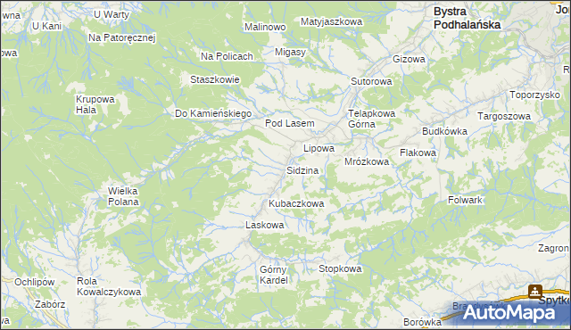 mapa Sidzina gmina Bystra-Sidzina, Sidzina gmina Bystra-Sidzina na mapie Targeo