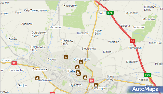 mapa Sieciechów gmina Kutno, Sieciechów gmina Kutno na mapie Targeo