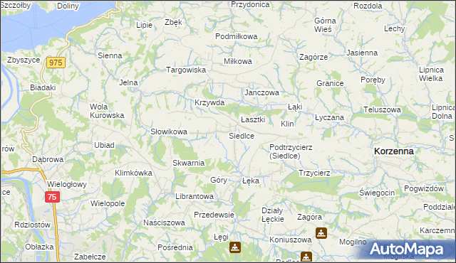 mapa Siedlce gmina Korzenna, Siedlce gmina Korzenna na mapie Targeo